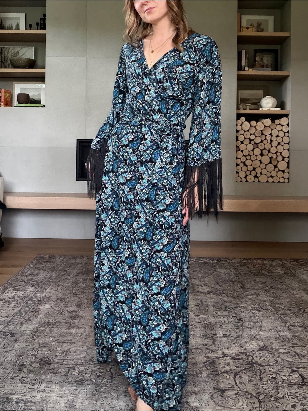 Rustydustyy Long Sleeve Blue Paisley Wrap Maxi Dress s-XL